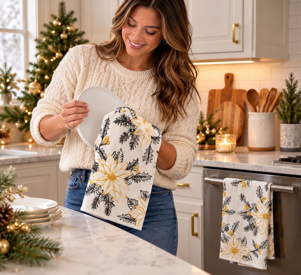 Deborah Connolly Gold Poinsettia Christmas Kitchen Towels Set 2 NWT